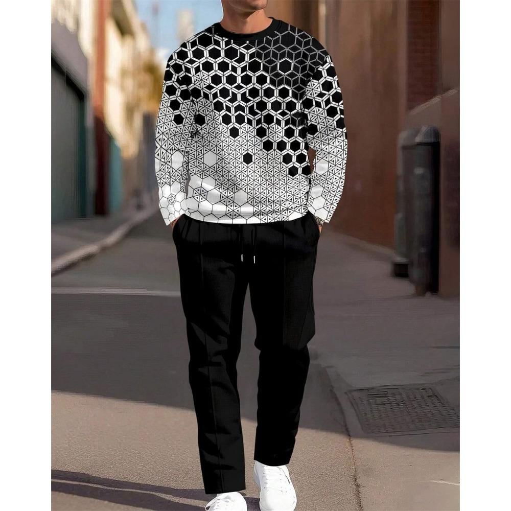 New Round Neck Men's Long Sleeve Pants Set 3d Fabric Suitable for Casual Travel Multi-Scenarios Sport Two-Piece Set
