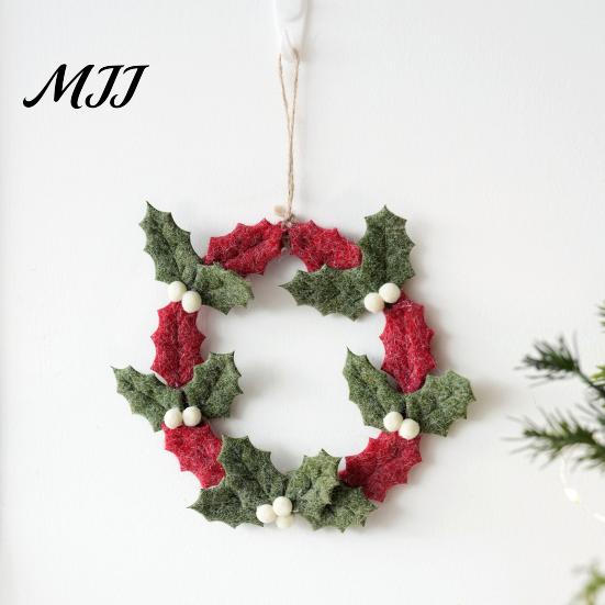 Holiday Wall Hanging Decor 8 Inch Felt Christmas Holly Wreath, Handmade Berry Festival Scene Ornament Wreath for Front Door, Winter Window Reusable