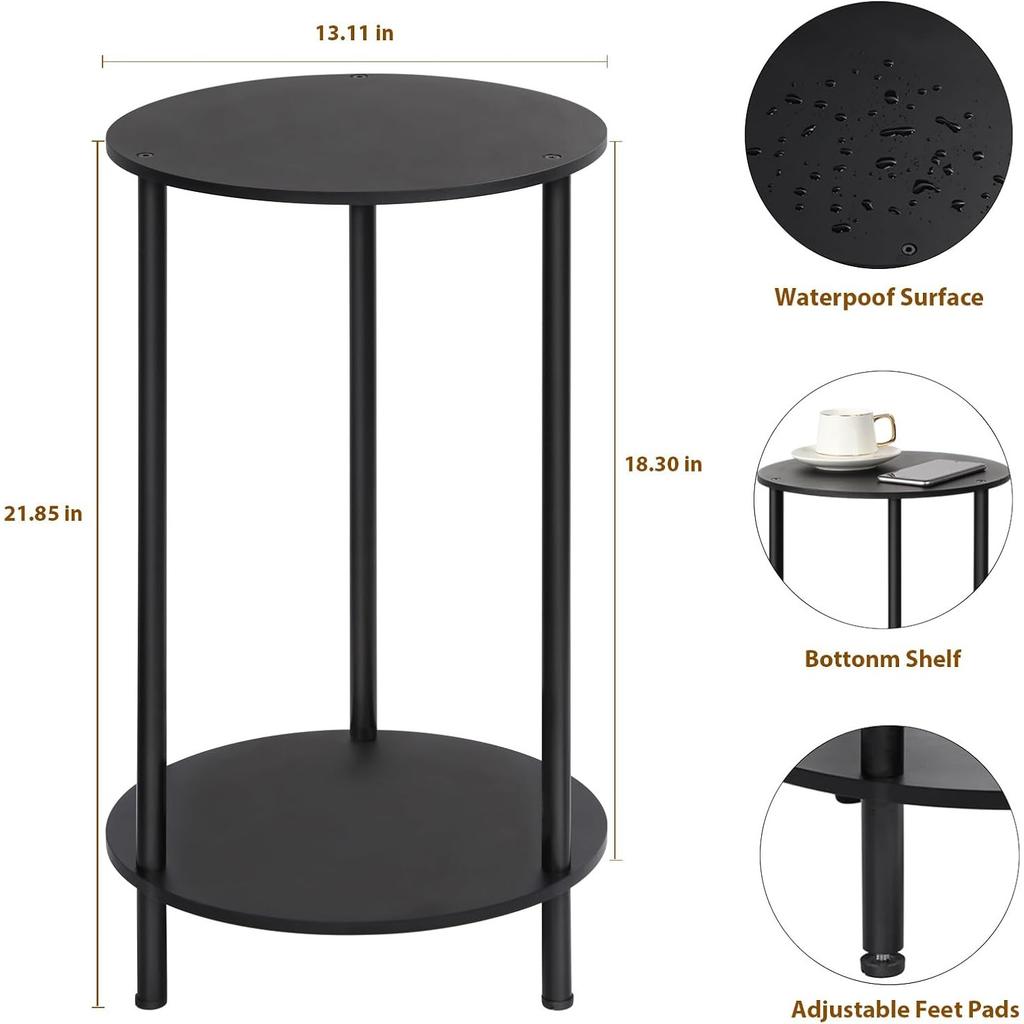 2-Tier Farmhouse Round End Tables (Set of 2) - Compact Storage Coffee/Night Stands for Small Spaces Bedroom/Living Room (Black)