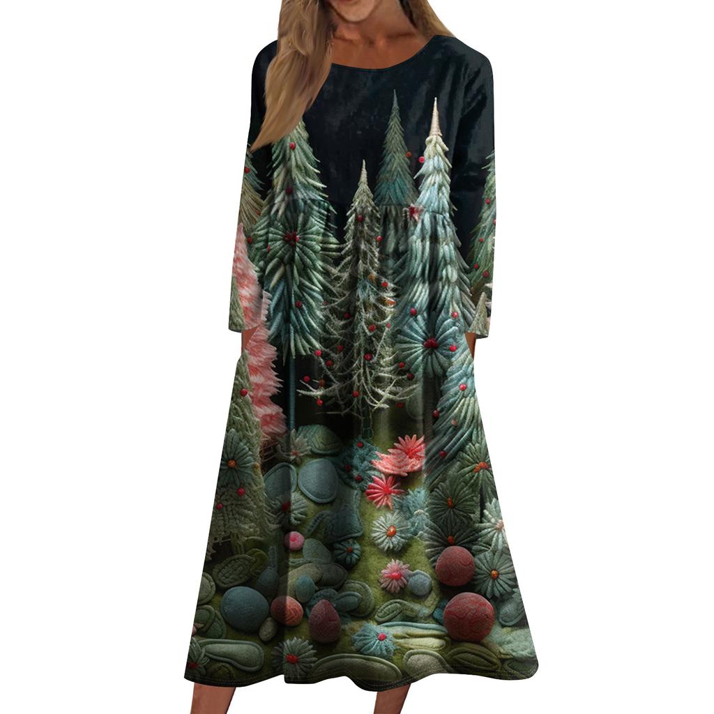 Women's Casual Crew-neck Christmas Print Mid-length Dress Long-sleeved Dress With Pocket