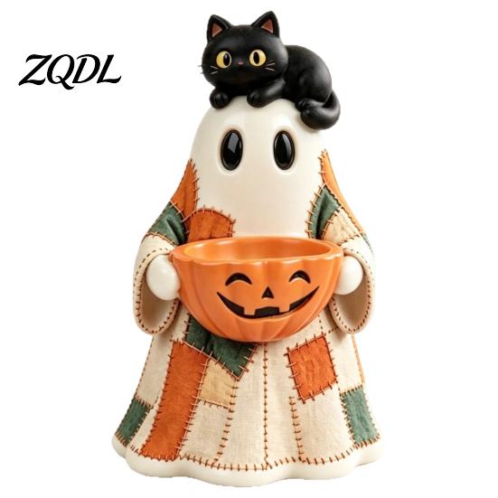 Festive Home Accents for Autumn Patchwork Ghost Halloween Decor, Resin Spooky Statue Holding Candy Living Room Bowl, Cute Tabletop Decor Office Party