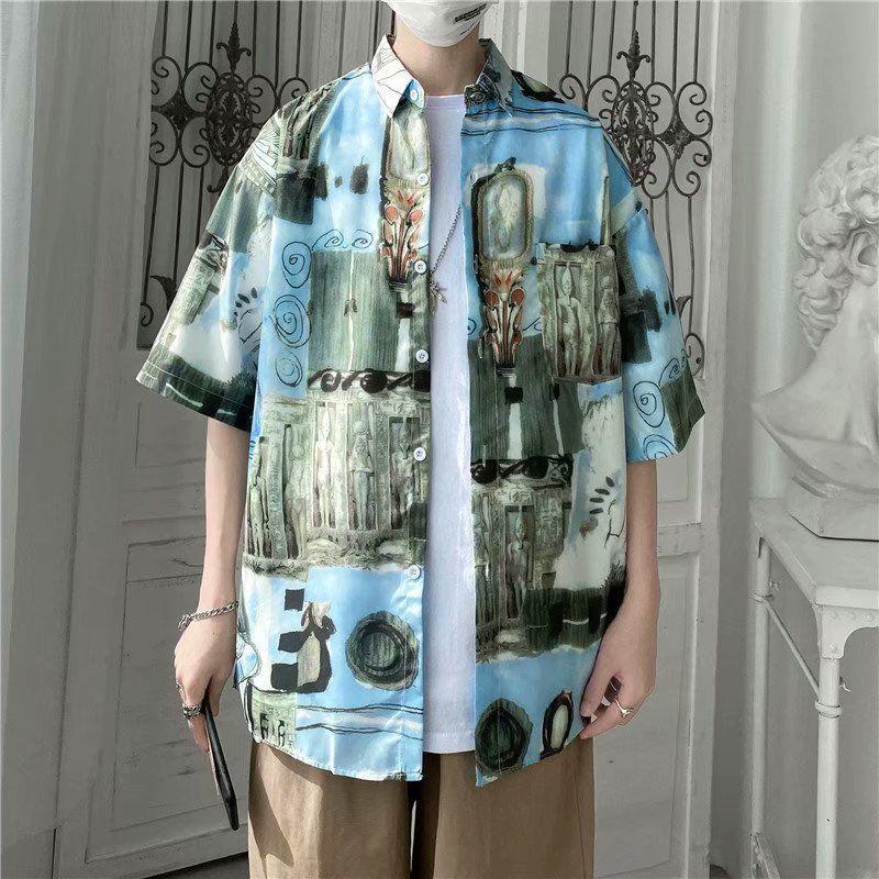 Men's Harajuku-Style Retro Floral Short-Sleeve Shirt: Hong Kong Ulzzang Beachwear with Sun Protection, Perfect for Couples.