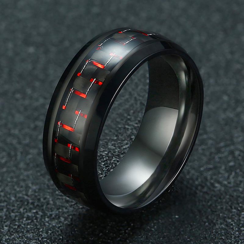 8MM Stainless Steel Black Carbon Fiber Ring Fashion Red/Blue Unisex Cool Charm  Gift for Men Women