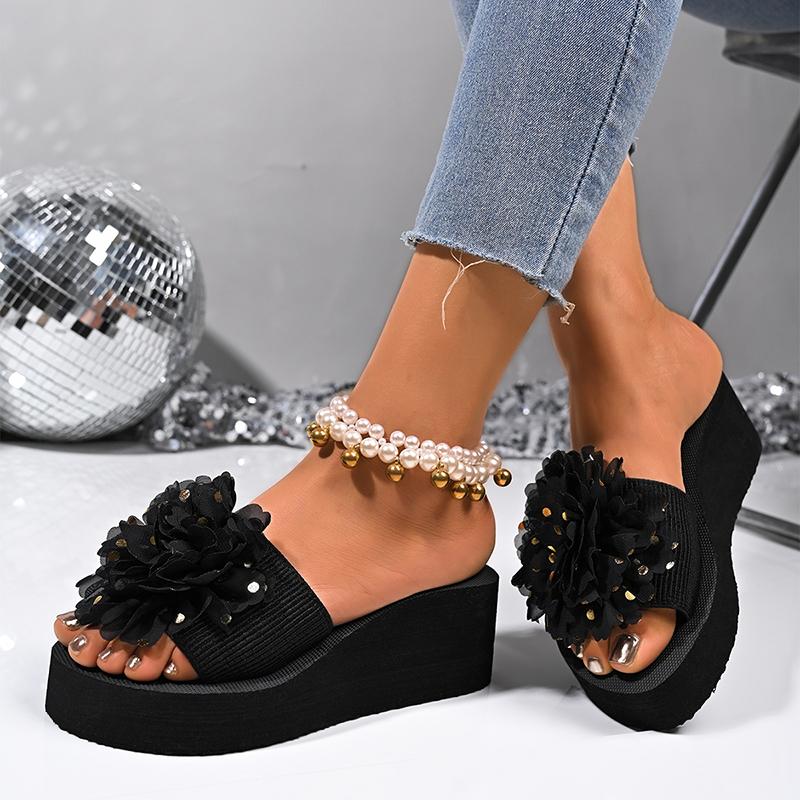 Fashion Fashion Flower Design Wedge Slippers Women Summer Sequins Black Platform Slides Female Stylish Anti-Slip High Heel Sandals Mujer