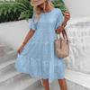 Summer Women Dress Hollow Out O Neck Short Horn Sleeves A-line Pleated Patchwork Solid Color Big Swing Embroidery Vacation Beach Midi Dress