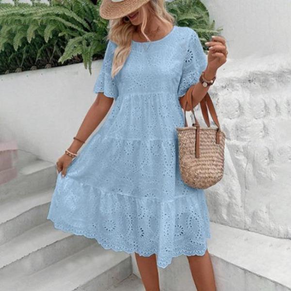 Summer Women Dress Hollow Out O Neck Short Horn Sleeves A-line Pleated Patchwork Solid Color Big Swing Embroidery Vacation Beach Midi Dress