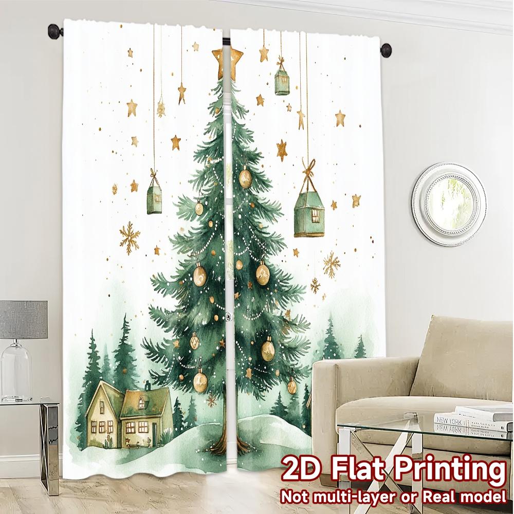 2pcs  Curtains Christmas Tree Village Holiday Scene Pattern Popular Curtains Versatile 100% Polyester Curtains Festive Use for