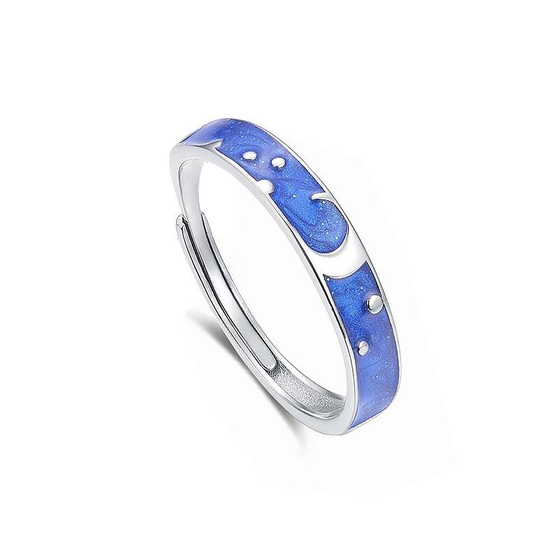 Van Gogh Starry Night s925 Sterling Silver Open Couple Rings - Sun & Moon Design, Romantic Confession for Couples Adjustable