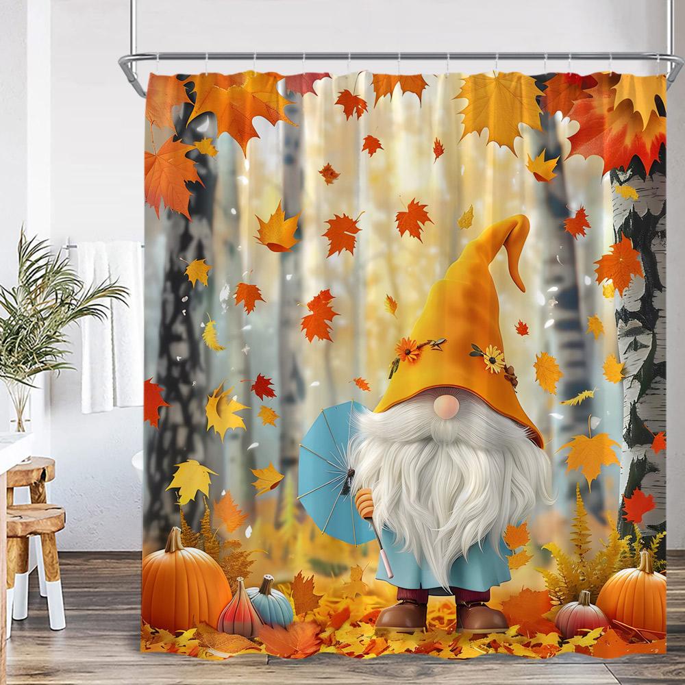 Fall Elf Shower Curtain Autumn Wooden Barn Door Pumpkin Sunflower Maple Bathroom Decor Nature Kid Child Bath Curtain with Hook