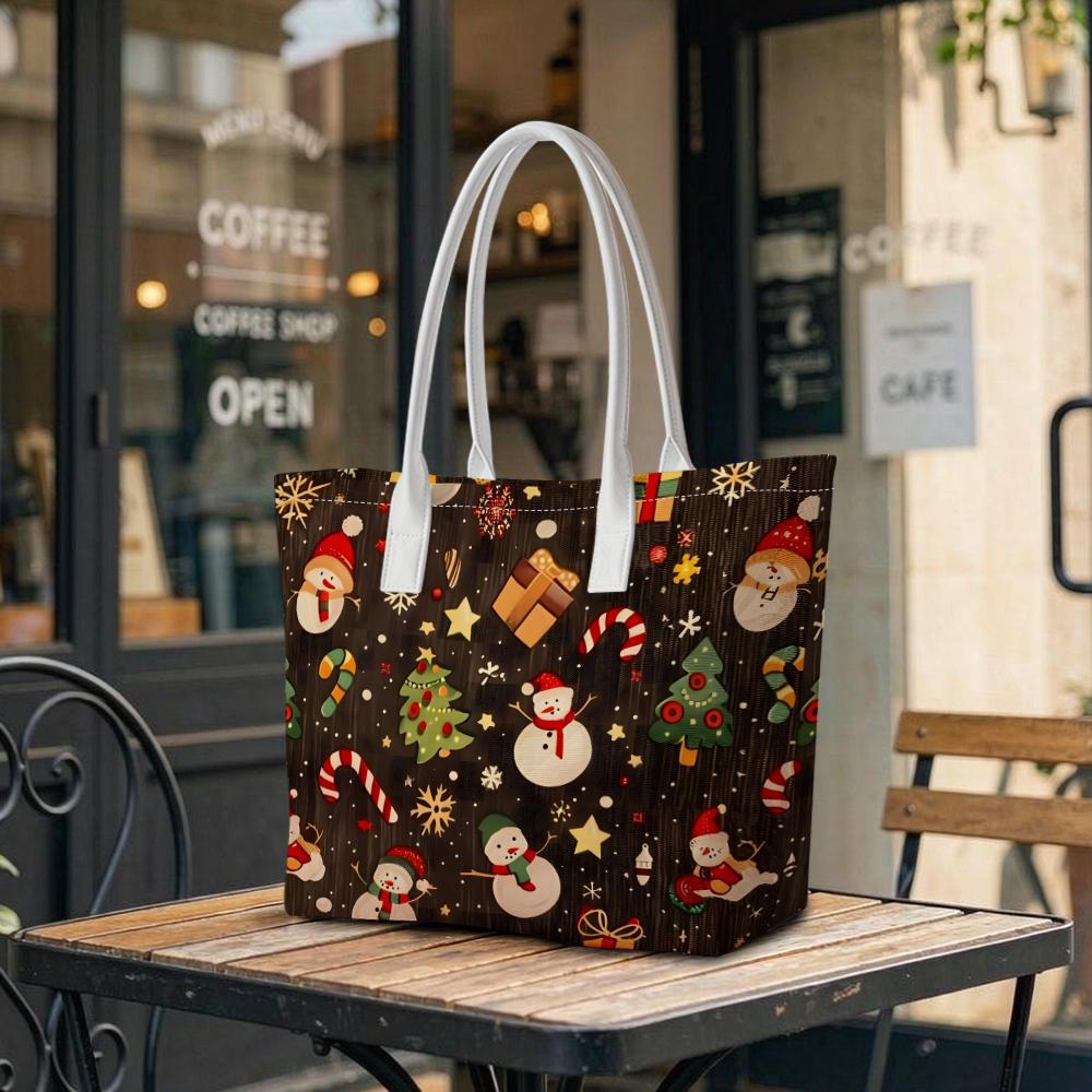Christmas Snowman Pattern Tote Bag Festive Gift Shoulder Handbag for Daily Use