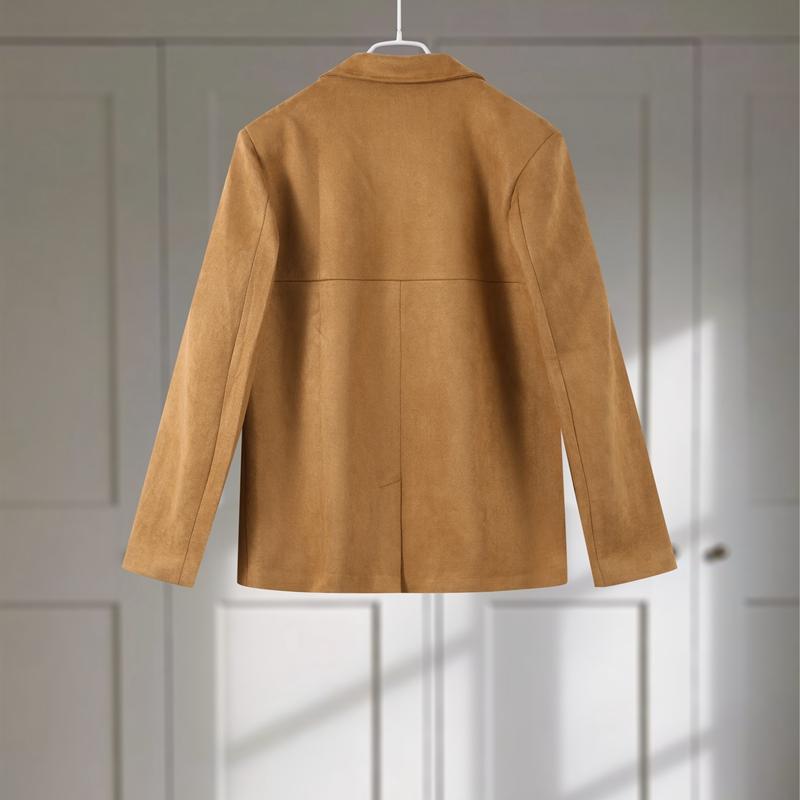 Dámská semišová bunda s klopovým límcem, jednoradové zapínání, khaki, s dlouhým rukávem, sako, módní na dojíždění, větruodolná, teplá bunda, podzim 2025