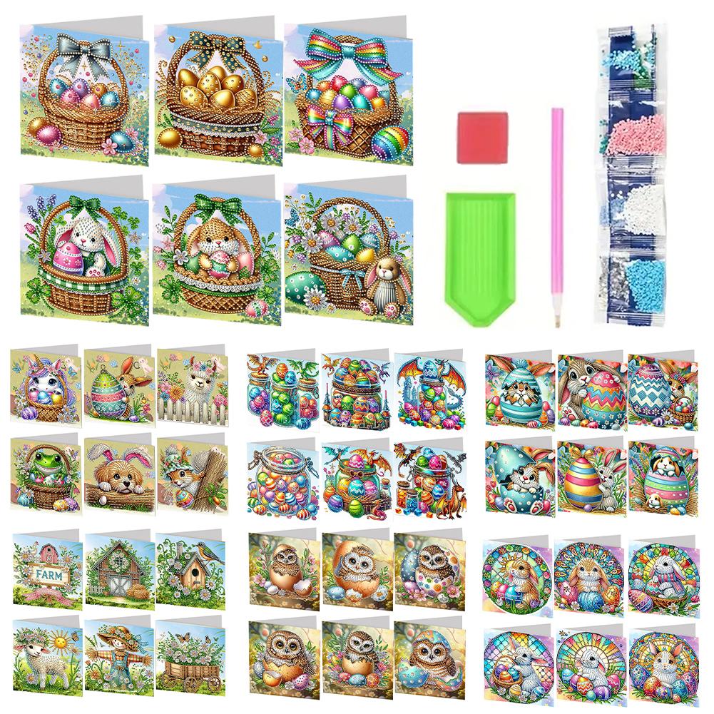 6Pcs Easter Egg Bunny Diamond Painting Greeting Card Kit Daily Wish Card for Friends 5D DIY Greeting Card for Easter Party Gift