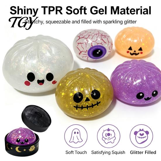 Stretchy TPR Toys for Sensory Play Halloween Bun Squeeze Toy with Steamer, Fidget Stress Ball, Spooky Ghost Relieving School Pumpkin Relief