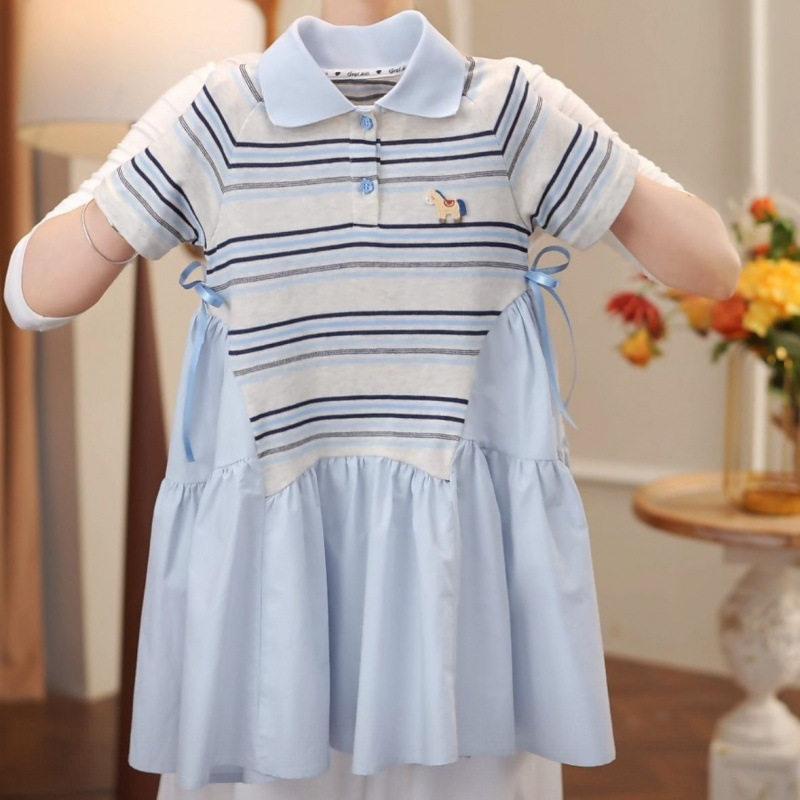 Girls Preppy Polo Collar Short Sleeve Dress Middle Kids Princess Summer 130