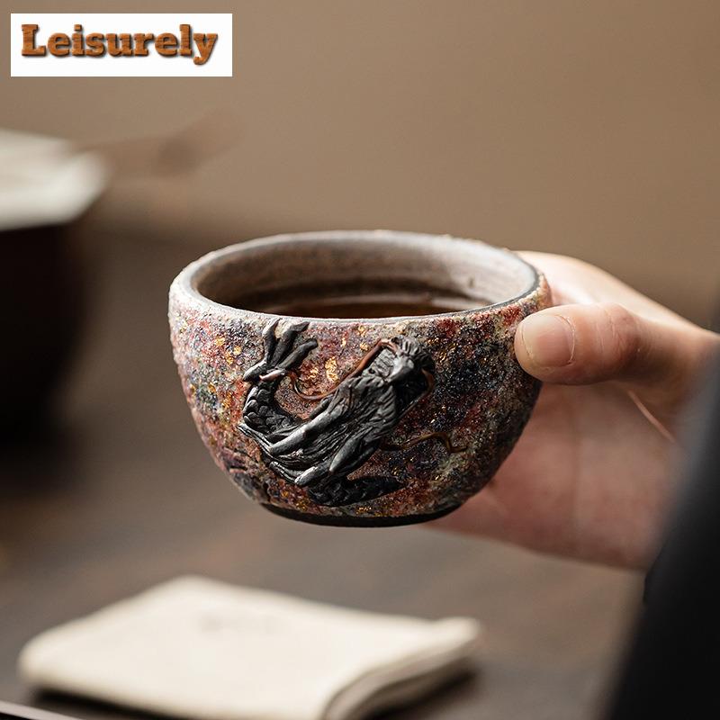120ML Handmade Dragon Pattern Pottery Teacup Rock Mine Master Cup Gold Pointing Personal Tea Nowl Jianzhan Drinkware Gift Box
