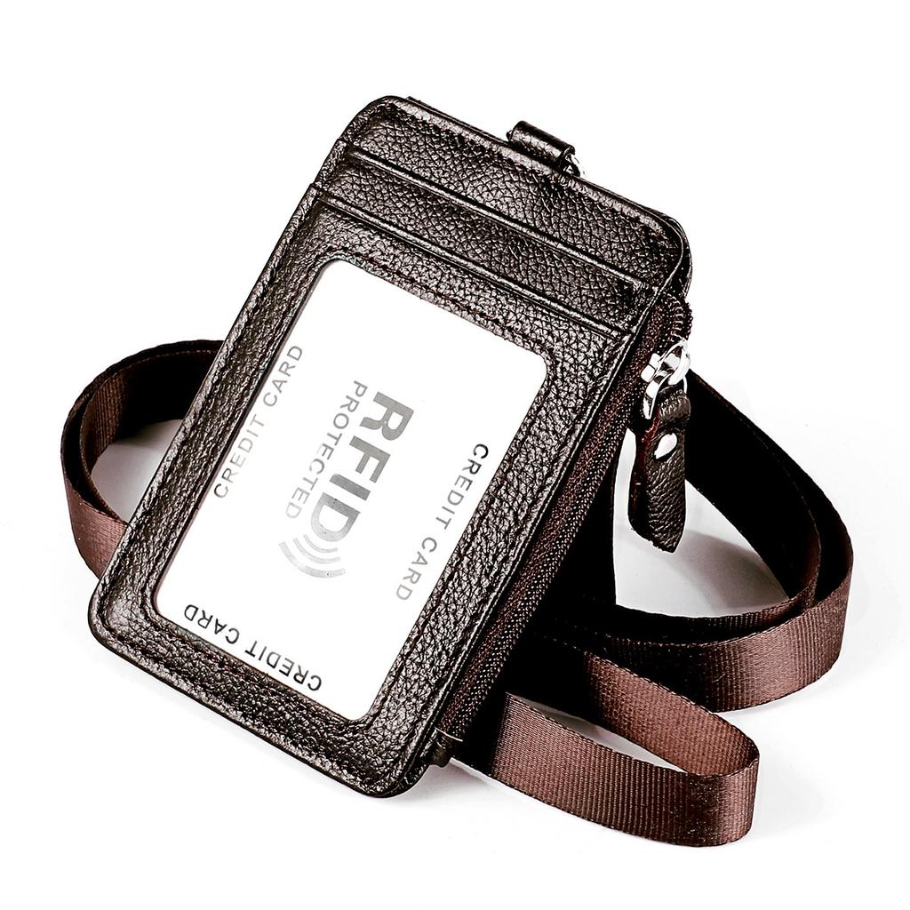 Genuine Leather RFID Blocking Badge Holder Stylish Office ID Case for Women Men Employee Work Card Pouch Business Essential Accessory with Lanyard