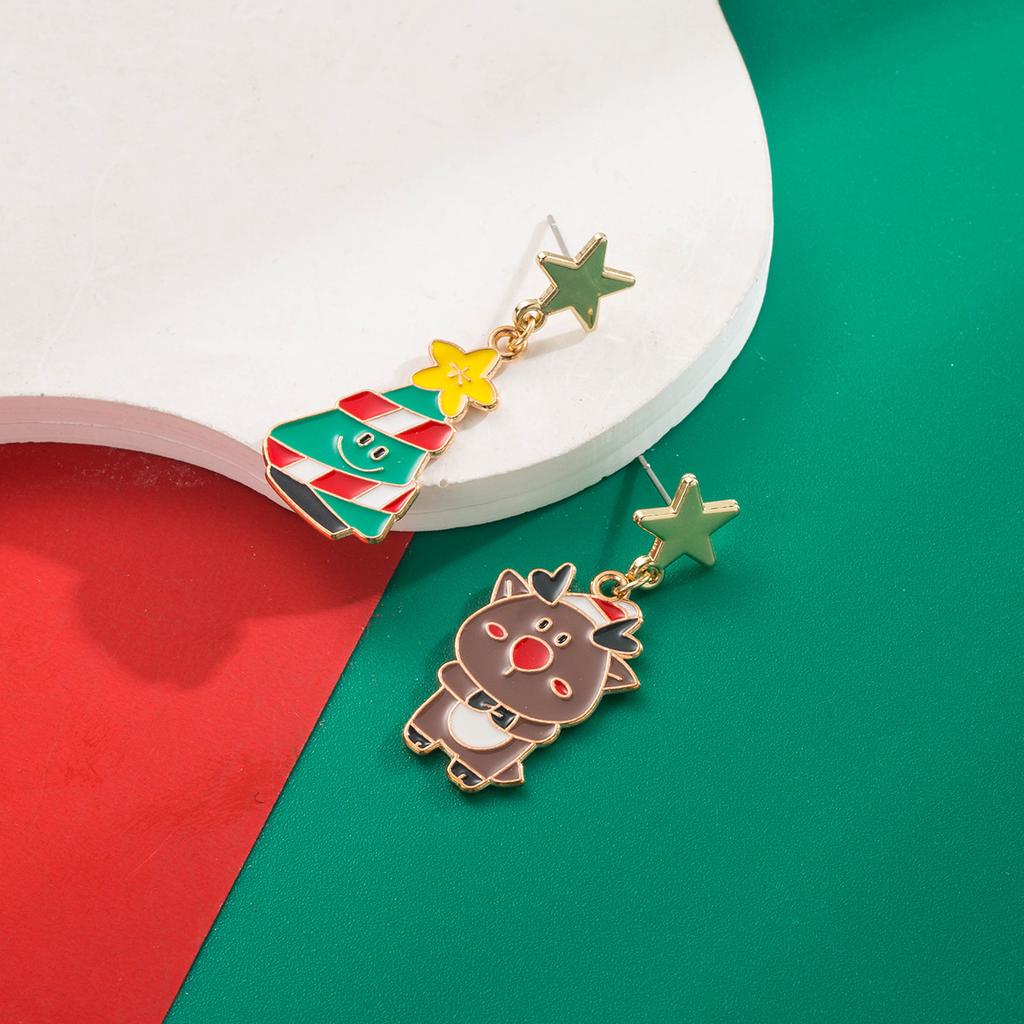 Christmas Holiday Personalized Earrings Simple Reindeer Snowman Christmas Tree Asymmetric Stud Alloy Oil Drop Earrings