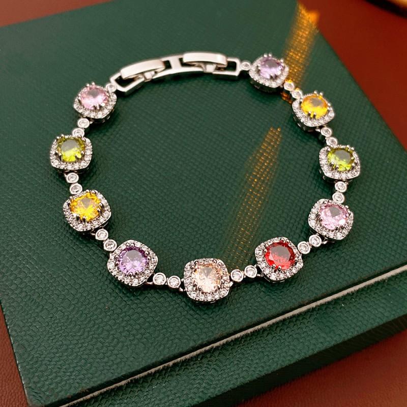 Vintage-Inspired Round Zircon Clip Bracelet Women Silver-Tone Copper Alloy With Colorful Gemstones Geometric