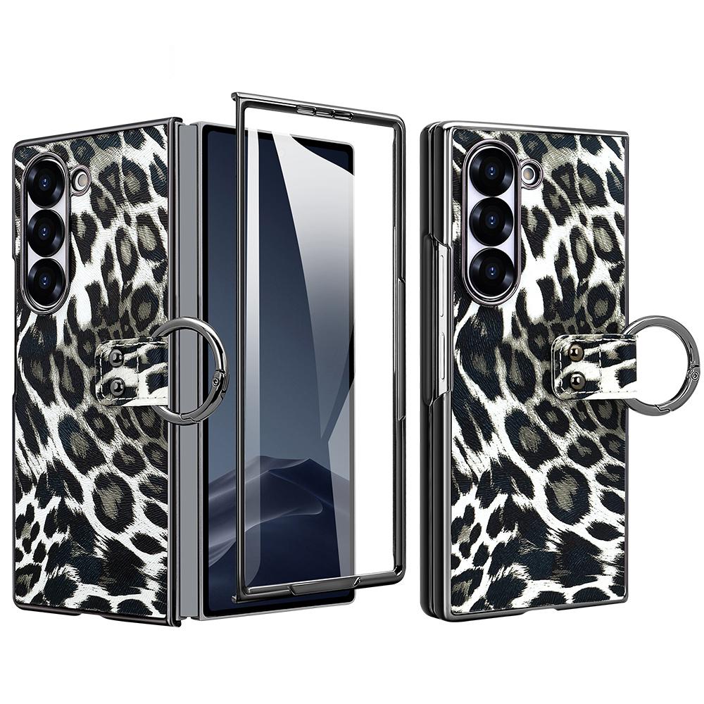 For Samsung Galaxy Z Fold6 5G Case Leopard Pattern PU PC Phone Cover with Tempered Glass Film/Ring Holder