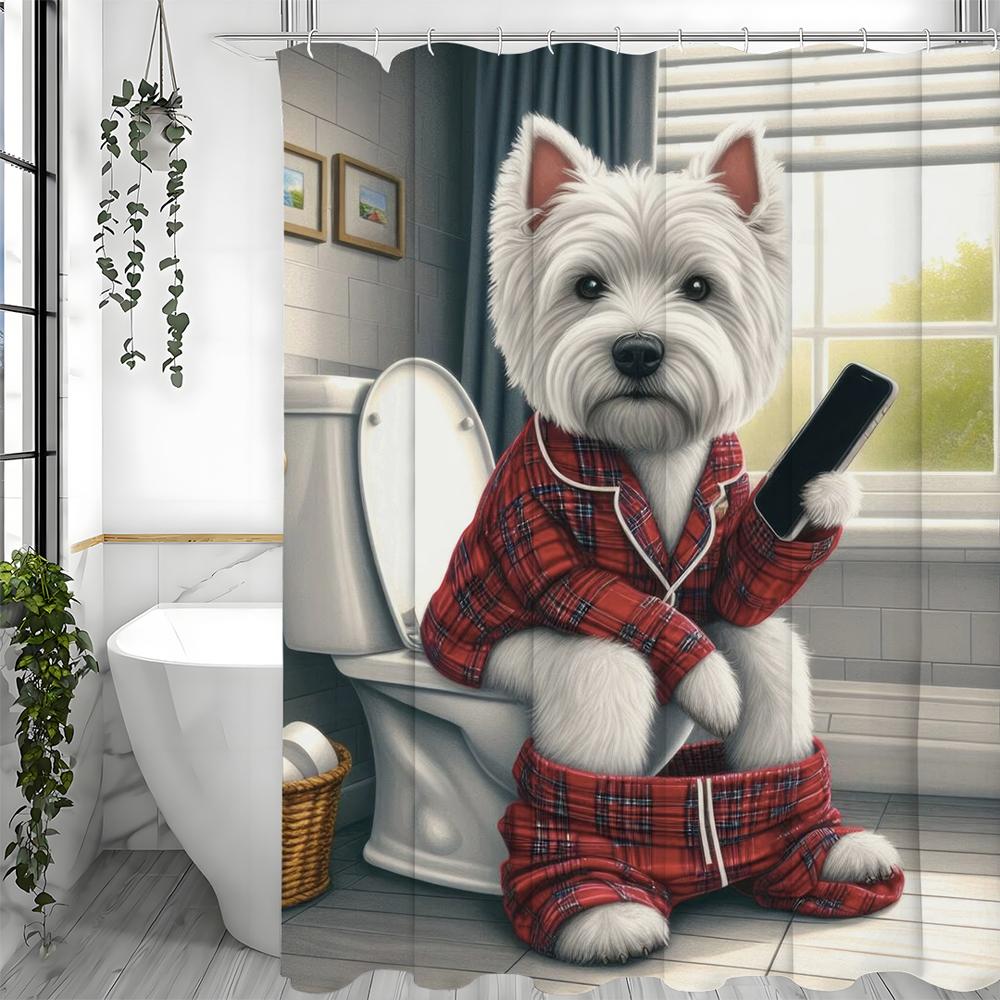 Søt hund som sitter på toalettet og leker med mobiltelefon Morsomt dusjforheng, Dekorativt dusjforheng til badet, Vanntett Sh