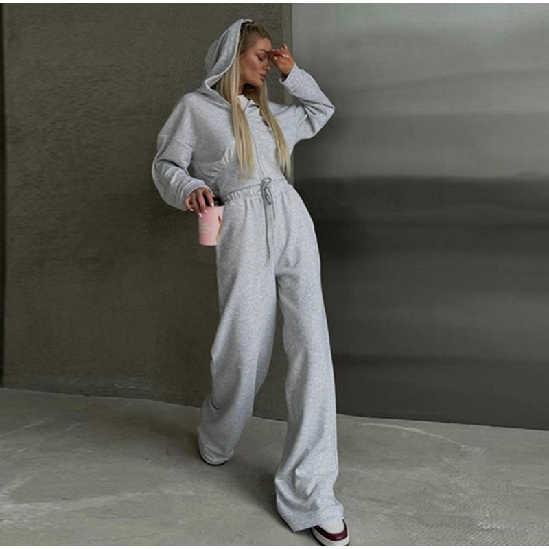 Casual Solid Color Hoodies Pants Set Women Long Sleeve Zipper Short Sweatshirt Slim Drawstring Trouser 2026 Spring Autumn New Lady Tracksuit