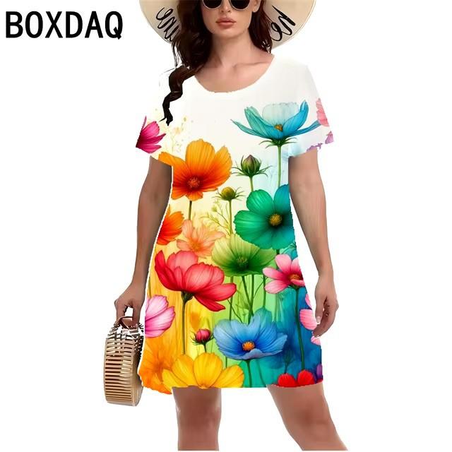Elegant fashion short sleeve t-shirt dress beach vacation midi dresses women 3d print clothing