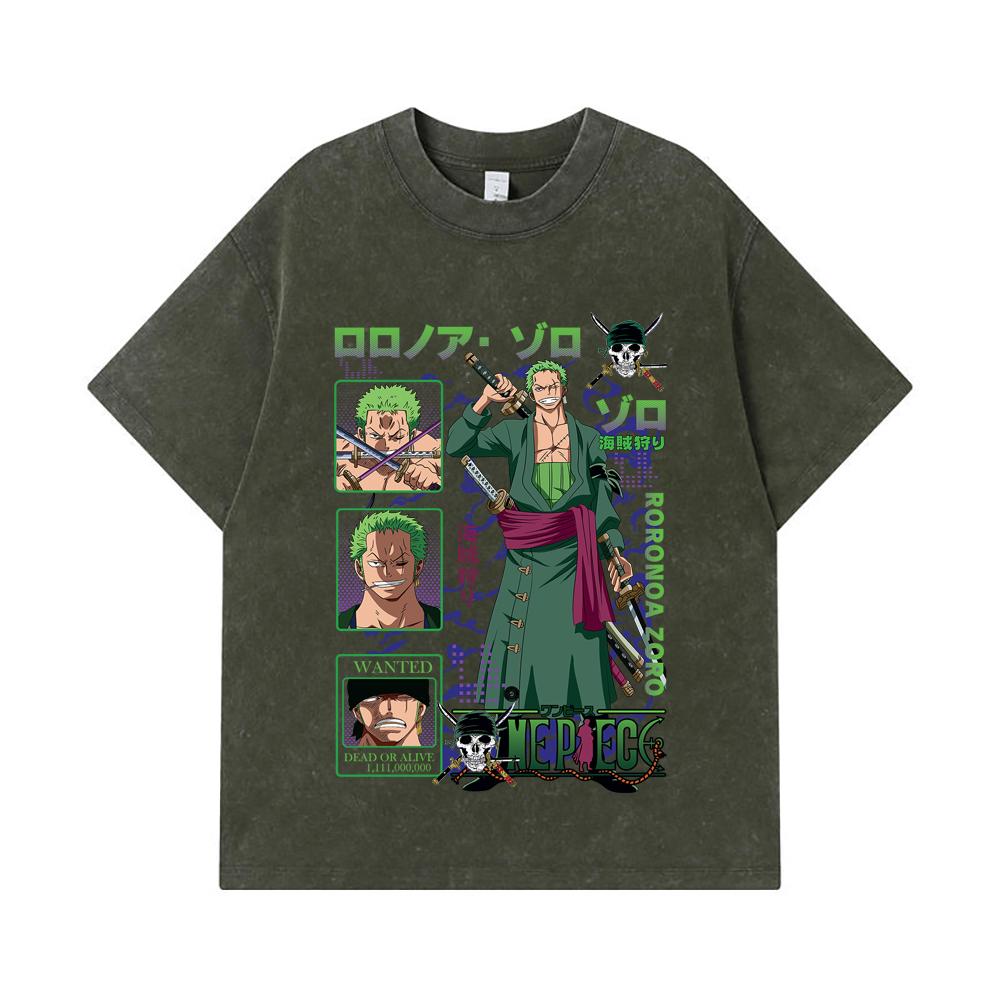 

Стиранные футболки 275 г/м² 100% Хлопок One Piece V24 Принт Зоро Унисекс Тяжелая Хлопковая Футболка S армия зеленый