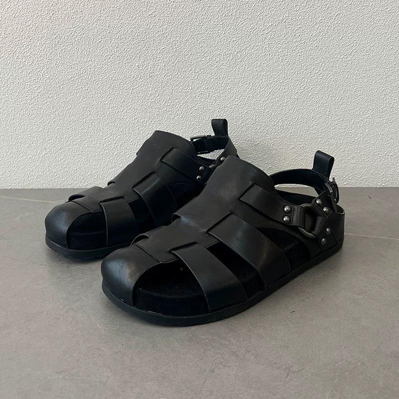 

Cowhide version~ retro woven hollow pig cage sandals women s 2025 new summer thick-soled casual round head Roman shoes 40 чорний