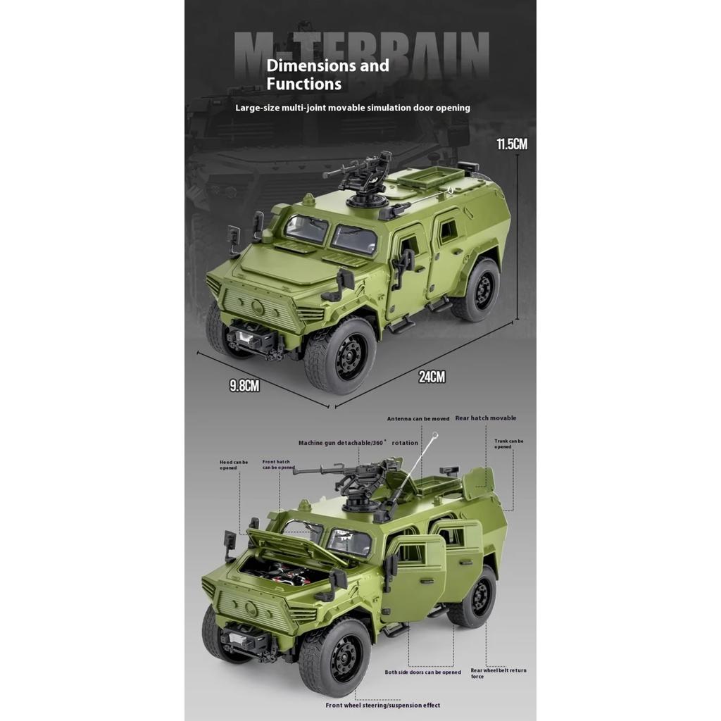 1/18 DongFeng Warrior Military Armored Vehicle Off Road ORV SUV Alloy Metal Diecast Model Car Sound Light Collection Large Gifts