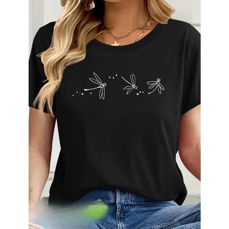 

European sizes Women s Casual Short Sleeve T-Shirt with Butterfly & Dragonfly Animal Print, Round Neck 4XL чорний