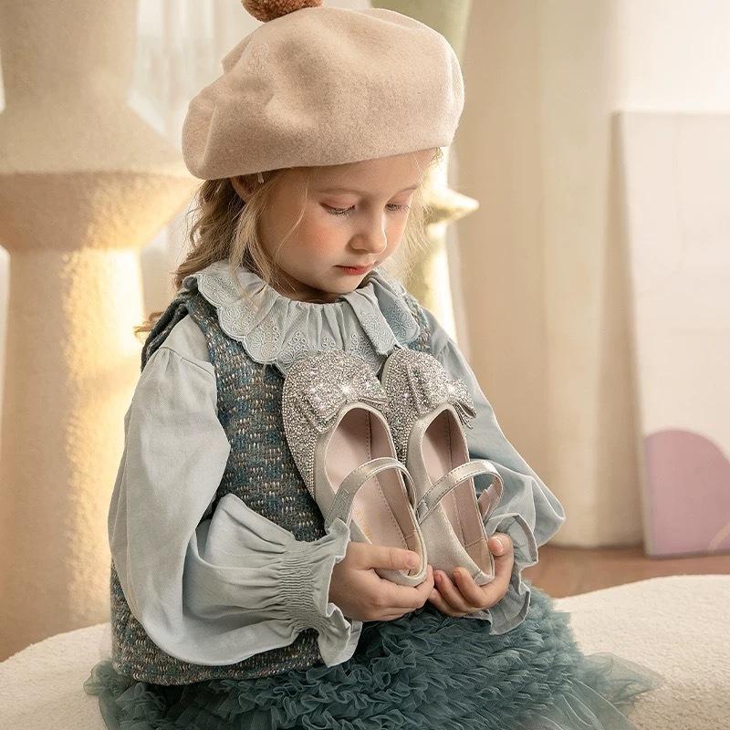 Classmate girl baby leather shoes 2025 spring and autumn new little girl princess crystal shoes flat bottom children's rhinestone single shoes