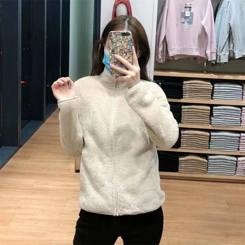 Long Pile Fleece Jacket Stand Collar Fuzzy Warm Jacket Zipper Cardigan