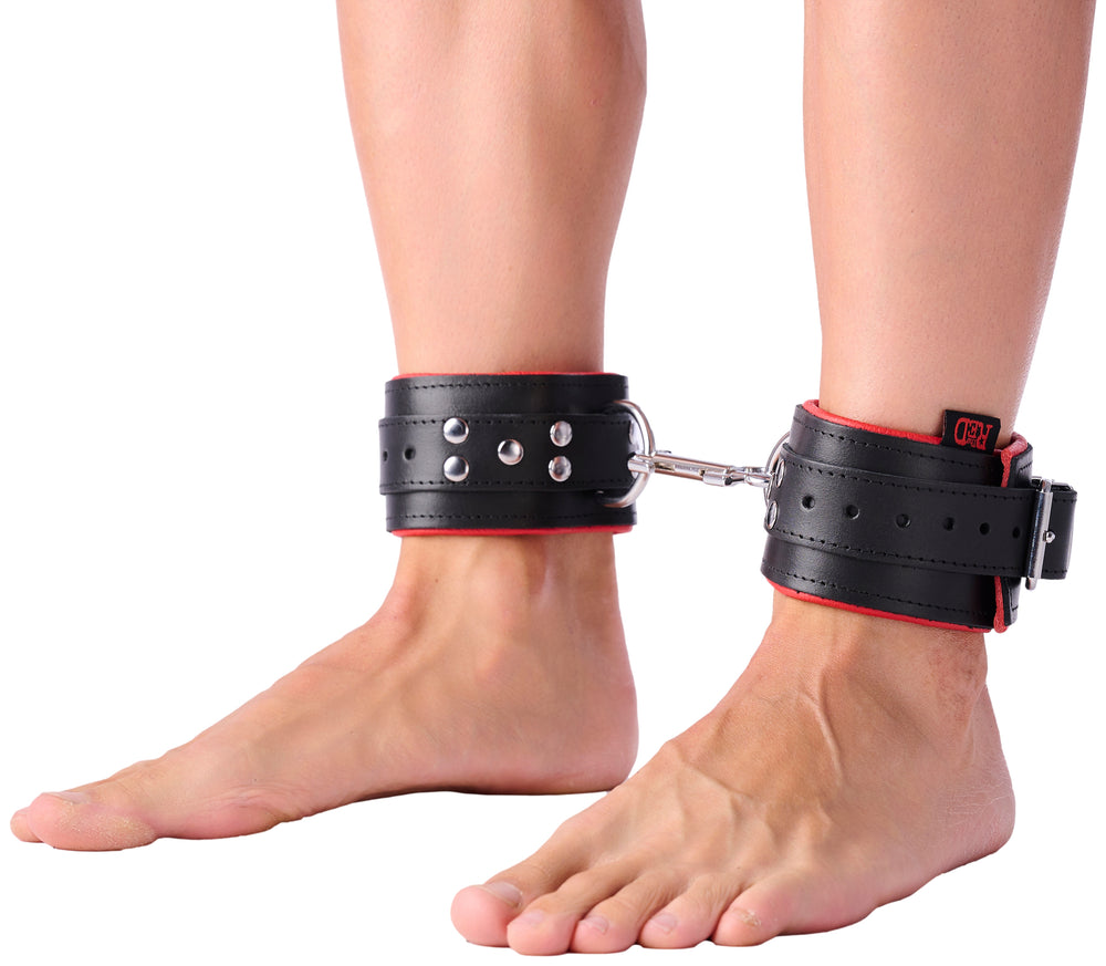 Padded Leather Ankle Cuffs Black-Red - The Red - Handcuffs