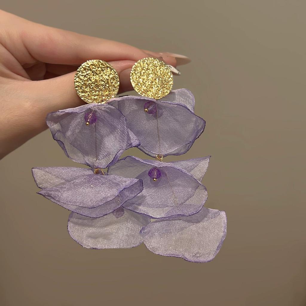 Silver needle fabric rice bead chiffon flower beaded fringed earrings super fairy sweet temperament stud earrings niche design earrings