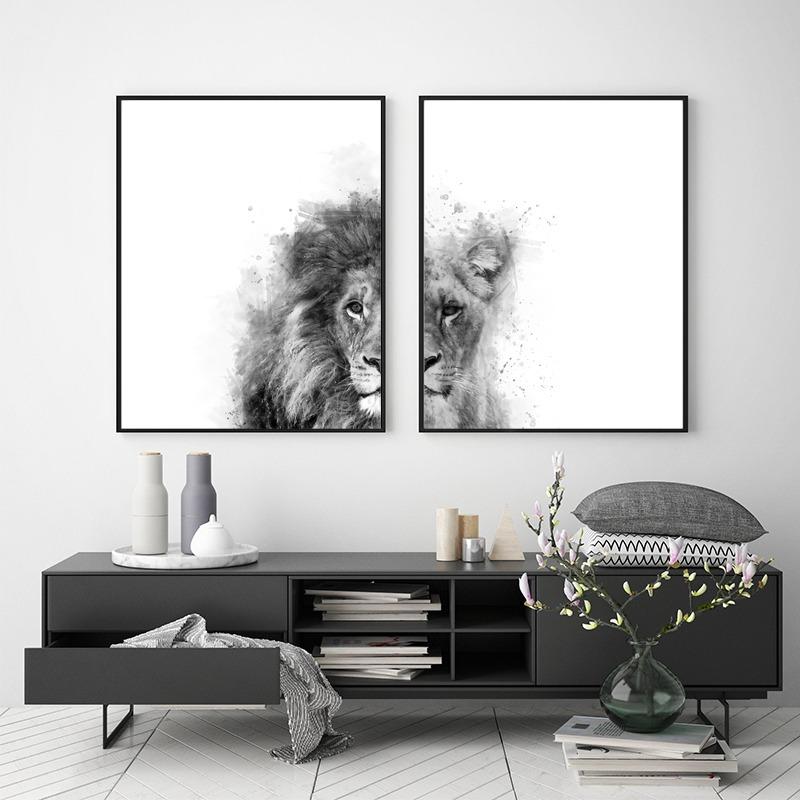 Lion and Lioness Animal Canvas Print Black White Abstract Watercolor Painting Poster Nursery Wall Art Pictures Living Room Decor