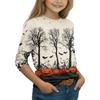 Kids Halloween Printed T-Shirt 3/4 Sleeve Round Neck Casual Top with Pumpkin Witch Design