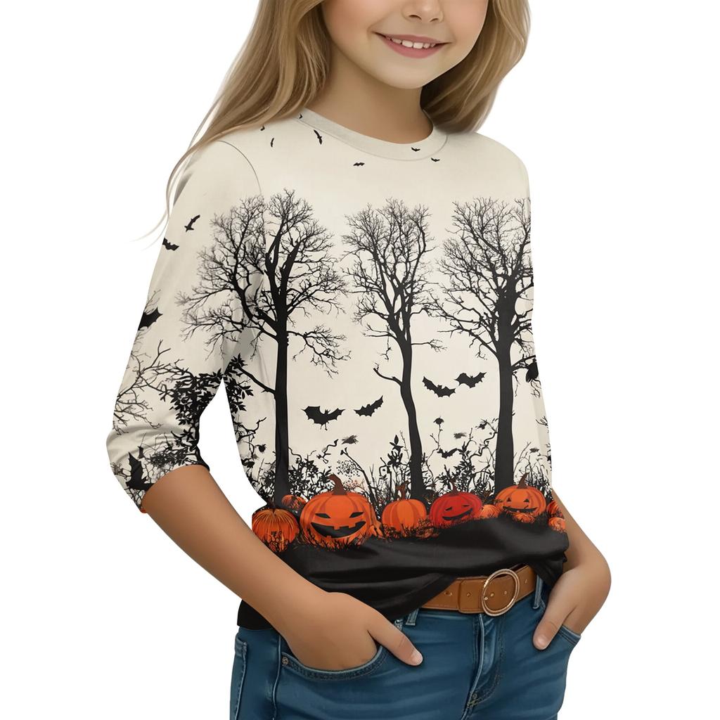 Kids Halloween Printed T-Shirt 3/4 Sleeve Round Neck Casual Top with Pumpkin Witch Design