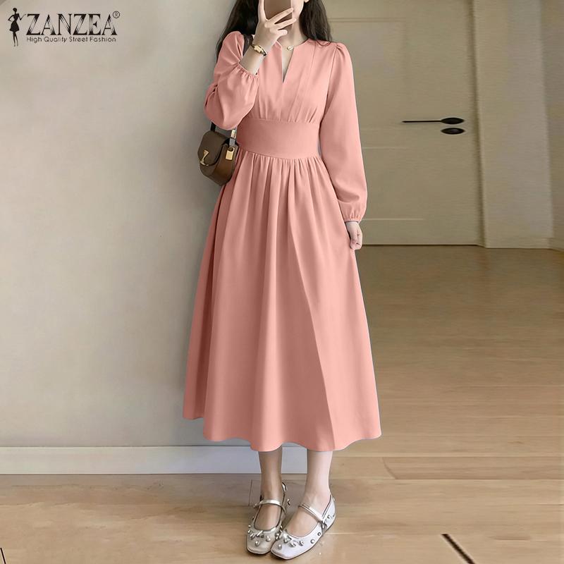 ZANZEA Kobiety Casualowy Dekolt V Rękaw 3/4 Jednolity Kolor Luźna Długa Sukienka