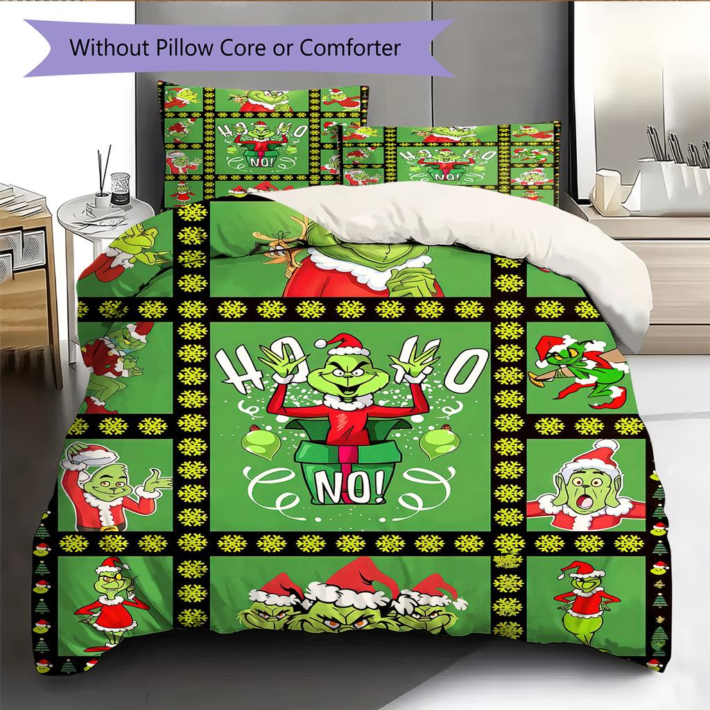 1 Stück Grinch-Muster Bettwäsche Steppdecke Set Bettbezug Kissenbezug Heimdekoration Geburtstagsgeschenk (1 Bettbezug + 2 Kissenbezüge, ohne Füllung)