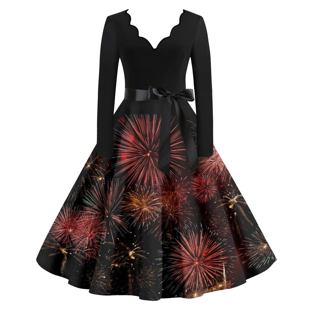 Dámské ležérní módní novoroční potištěné šaty s výstřihem do V ve vintage stylu