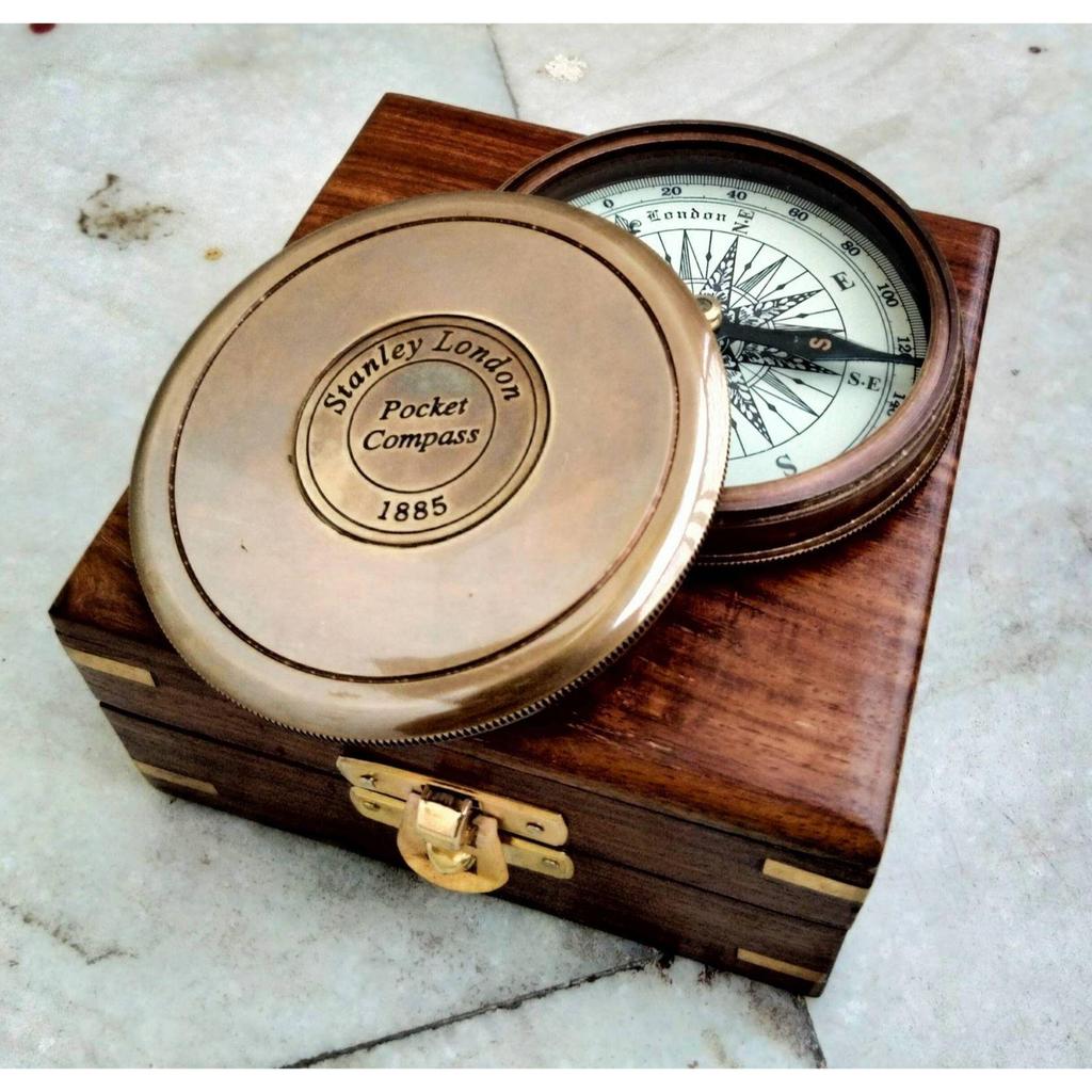 India Antique Brown Finish Brass Poem Compass Stanley London With Wood Box Nautical Compass (Brown)