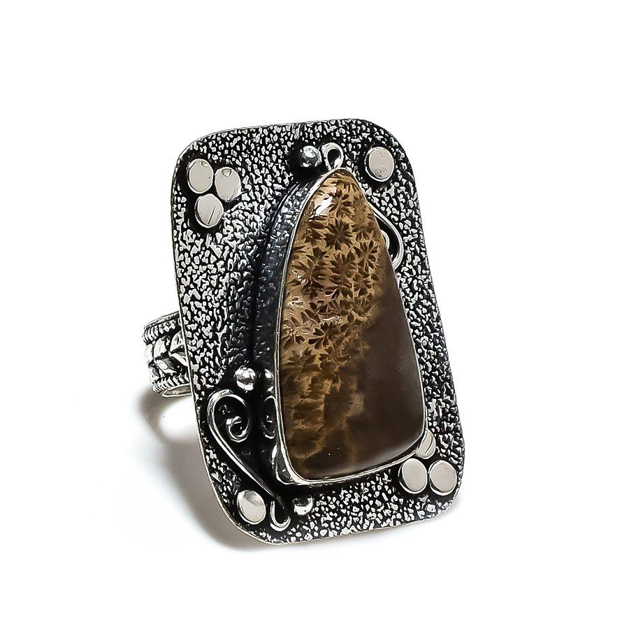 Fossil"Coral Gemstone Handmade 925 Sterling Silver Jewelry Ring Size 7.5 SU-7387