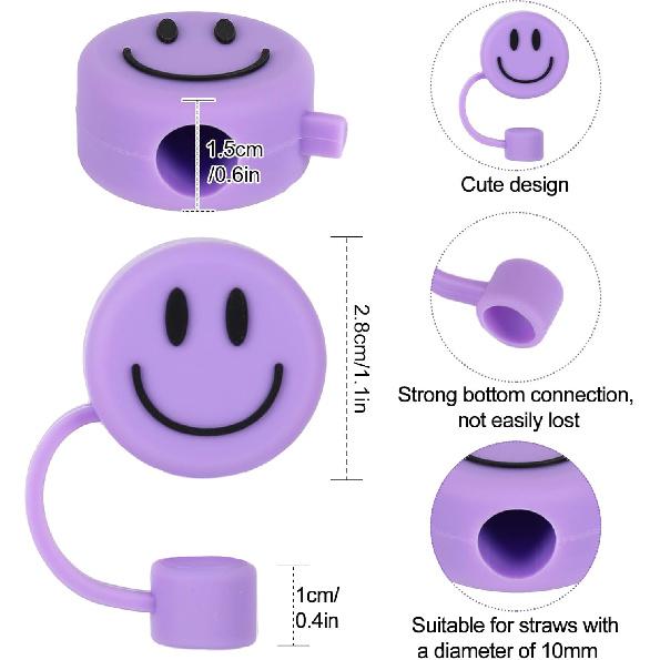Whaline 4Pcs Smile Face Straw Cover Cap Pink Purple Mint Green Silicone Drinking Straw Topper 10mm 30&40 Oz Reble Straws Covers Double Sided Tumbler