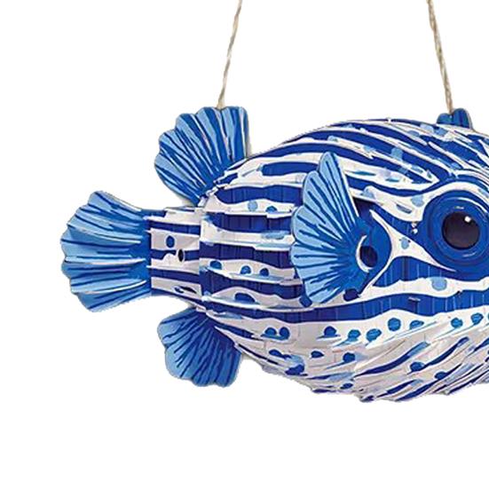Ocean Theme Striped Puffer Fish Wall Decor Nautical Wooden Hanging Sign with Hemp Rope Decorative Beach Pendant for Beach House