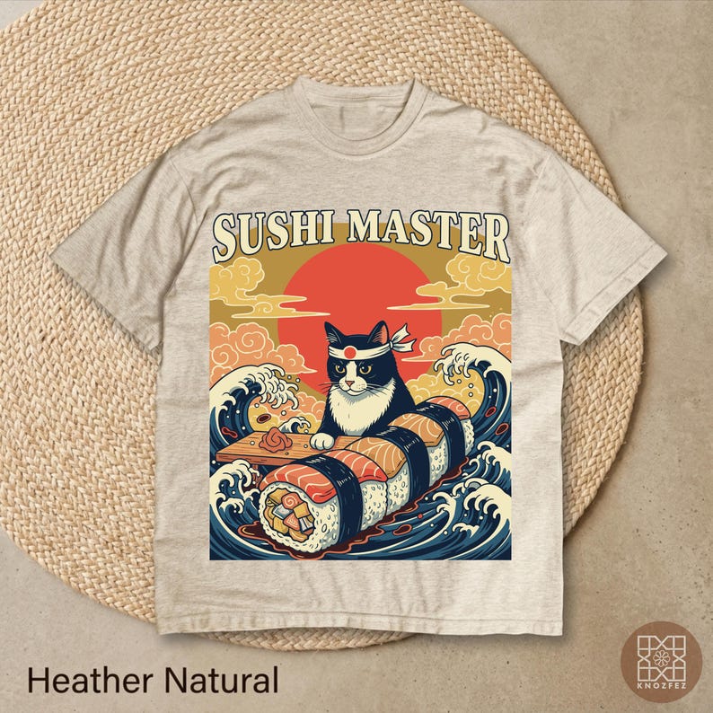 Sushi Master Cat T-Shirt, Japanese Ukiyo-e Great Wave Tuxedo Cat Tee, Cute Retro Anime Sushi Roll Lover Gift, Vintage Kawaii Apparel 100