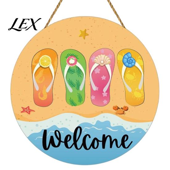 Wooden Hanging Sign Hello Summer Door Sign, Ice Pop Flip Flop Welcome Hanger, Front Plaque Farmhouse Wreath for Home Porch Decor Coastal Style Wall