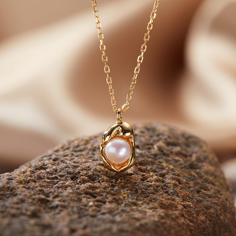 S925 Sterling Silver Natural Gemstone Freshwater Pearl Pendant Necklace Plated With 18K Real Gold Collarbone Chain Niche Cold Feeling Women