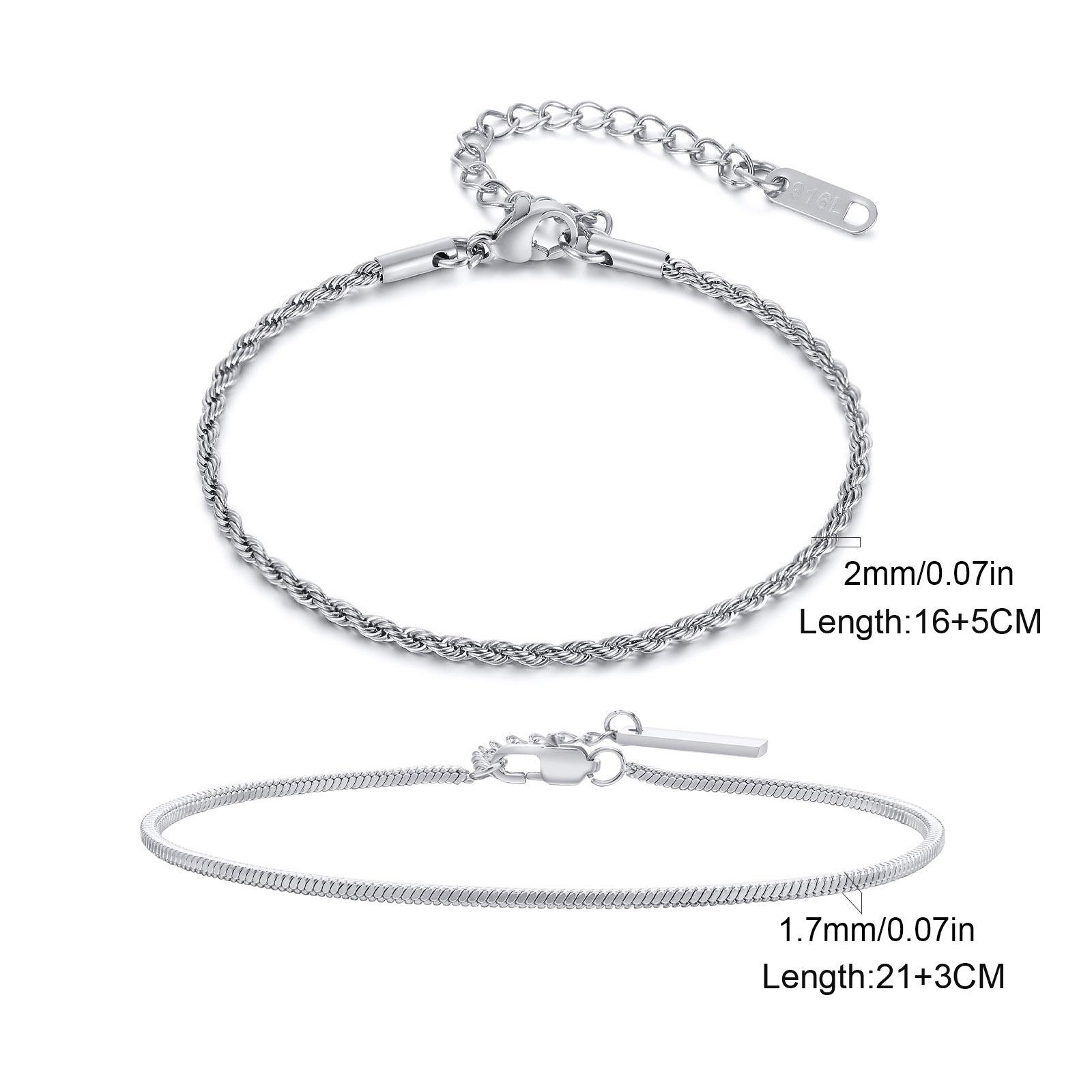 2pcs/set Thin Chain Bracelet for Men Boys,Stainless Steel Twisted Rope Chain Wristband,Adjustable Link Chains as picture