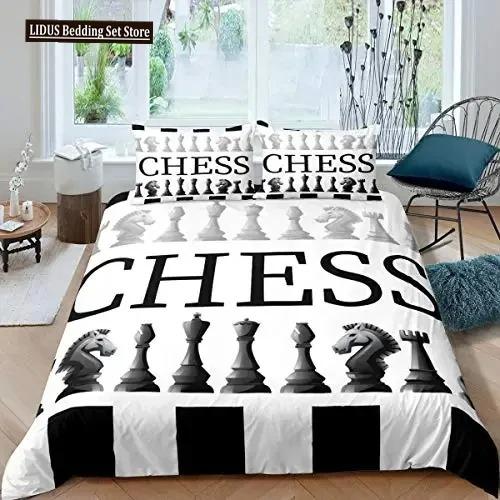 Internationell Schack Påslakanset Svart Vitt Rutigt Schackbräde Täcke Örngott Tävlingsspel För Pojkar Tonåringar Sängklädesset
