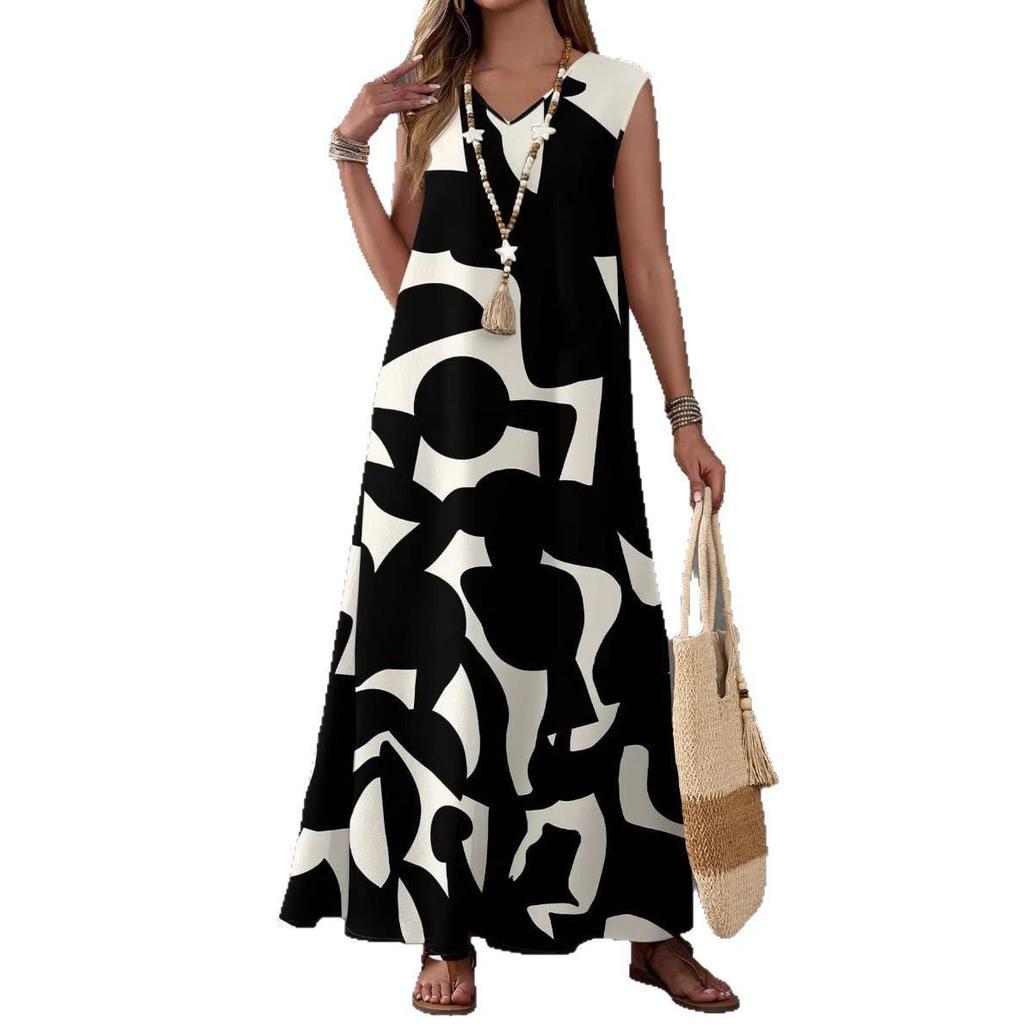 Summer 2026 European V-Neck Casual Women's Printed Long Dress